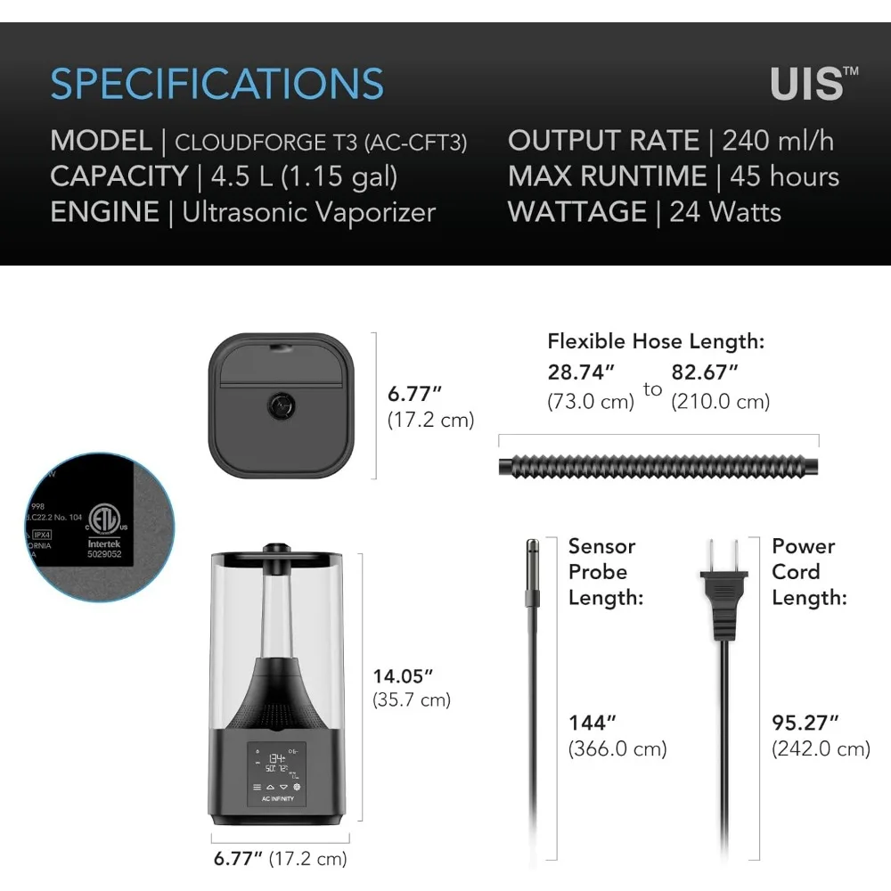 Plant Humidifier 4.5L with VPD Humidity Controls, 10-Level Precision Vaporizer, Extendable Targeting Hose and No-Leak Seal