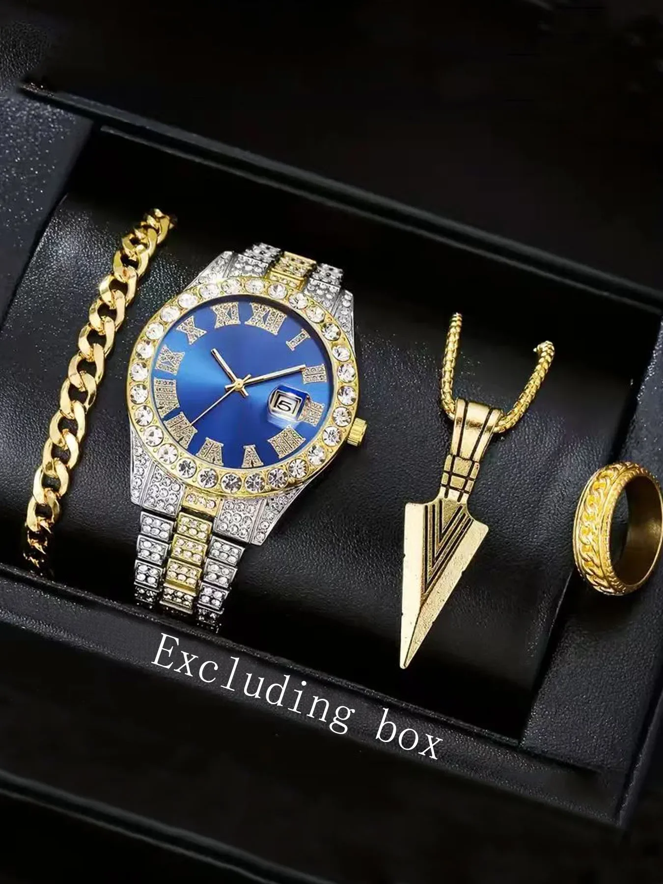 4Pcs Hip Hop Jewelry Watch Set, Two-tone Iced Out Diamond Quartz Wristwatch + Spear Pendant Necklace Bracelet Ring Kit