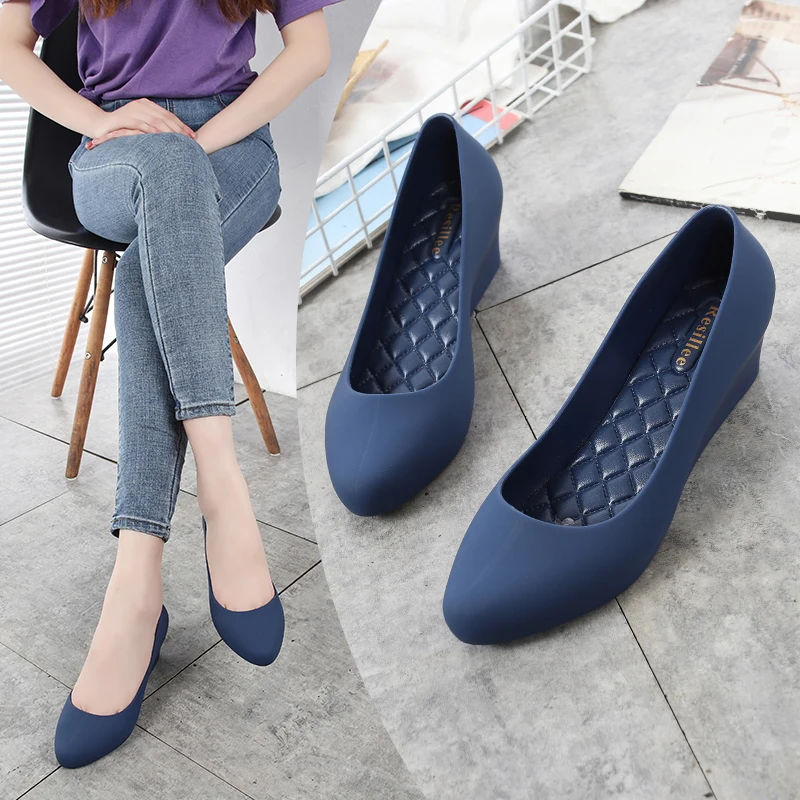 Zapatos de Tacón de Cuña Azul Marino para Mujer, Resillee, Impermeables, de PVC, Estilo Bailarina, Casuales para Oficina, Días Lluviosos, Cómodos (R