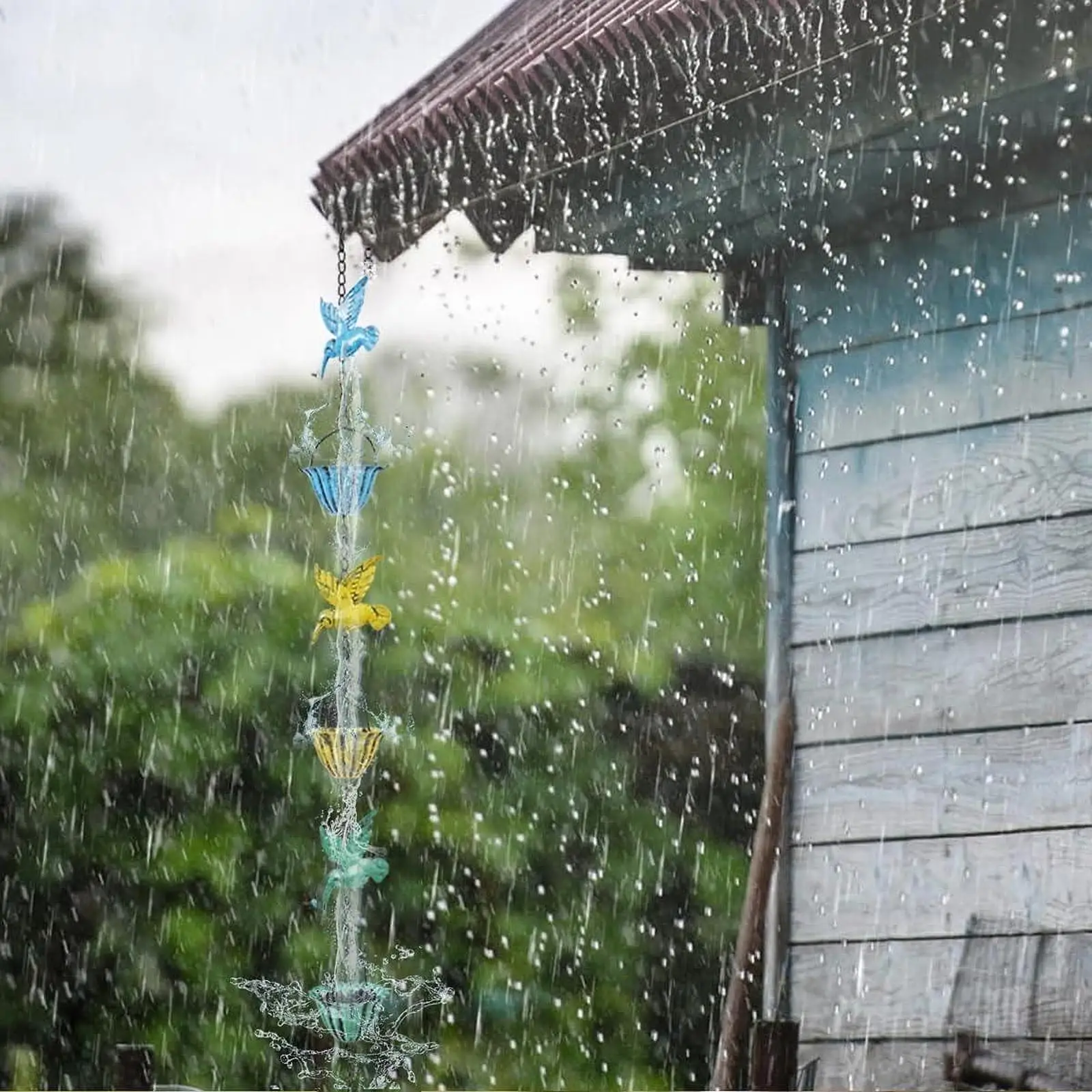 Outdoor Rain Chain Birds on Cups Easy to Install Retro 240cm Sturdy Rainwater Collection for Awnings Courtyard Garden Decor