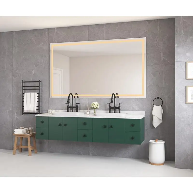 مرآة حمام LED قابلة للتعتيم مقاس 84 × 48 مع إضاءة أمامية وخلفية، مضادة للضباب، وظيفة الذاكرة، 3 خيارات ألوان، زينة جدارية كبيرة #4