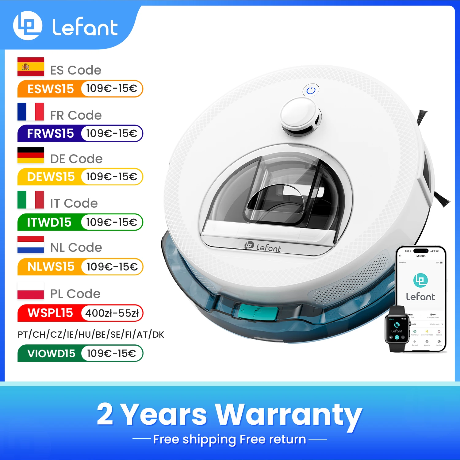 LEFANT M330 Pro M330S Robot aspirapolvere  con mappatura, navigazione dToF, sistema di prevenzione ostacoli PSD, aspirazione 5000Pa, Alexa/APP/WiFi