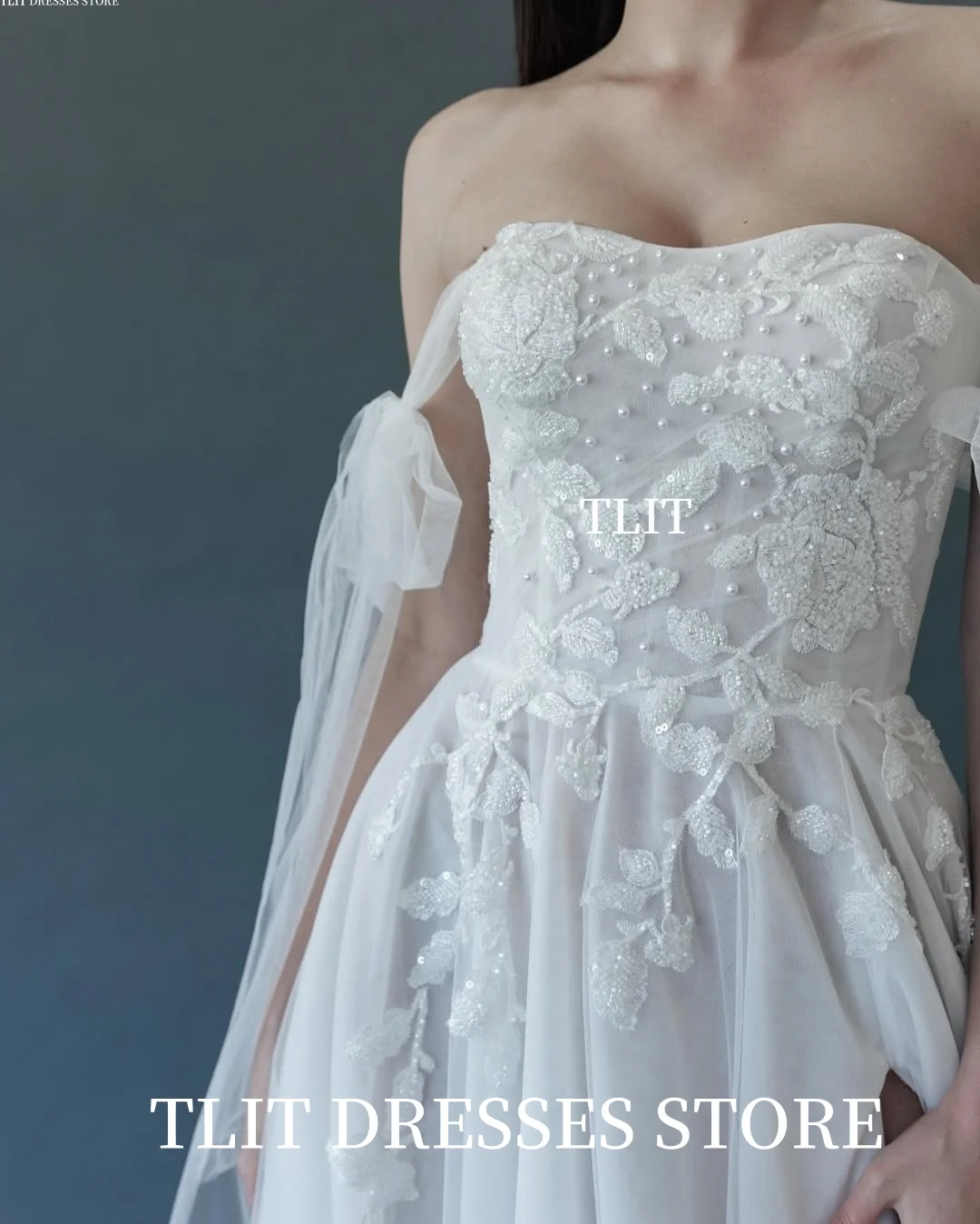 TLIT Elegant Beadings Wedding Dresses Strapless High Side Split Off Shoulder Bow Tie Gowns Robe De Mariée customized Sweep Train