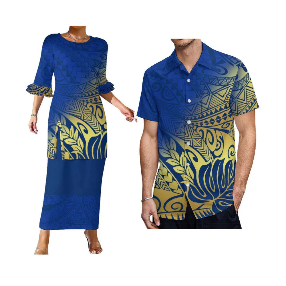 

Puletasi High-Quality Women'S Suit Skirt - Double Petal Sleeve Design - Polynesian Custom Wholesale Couple Outfits