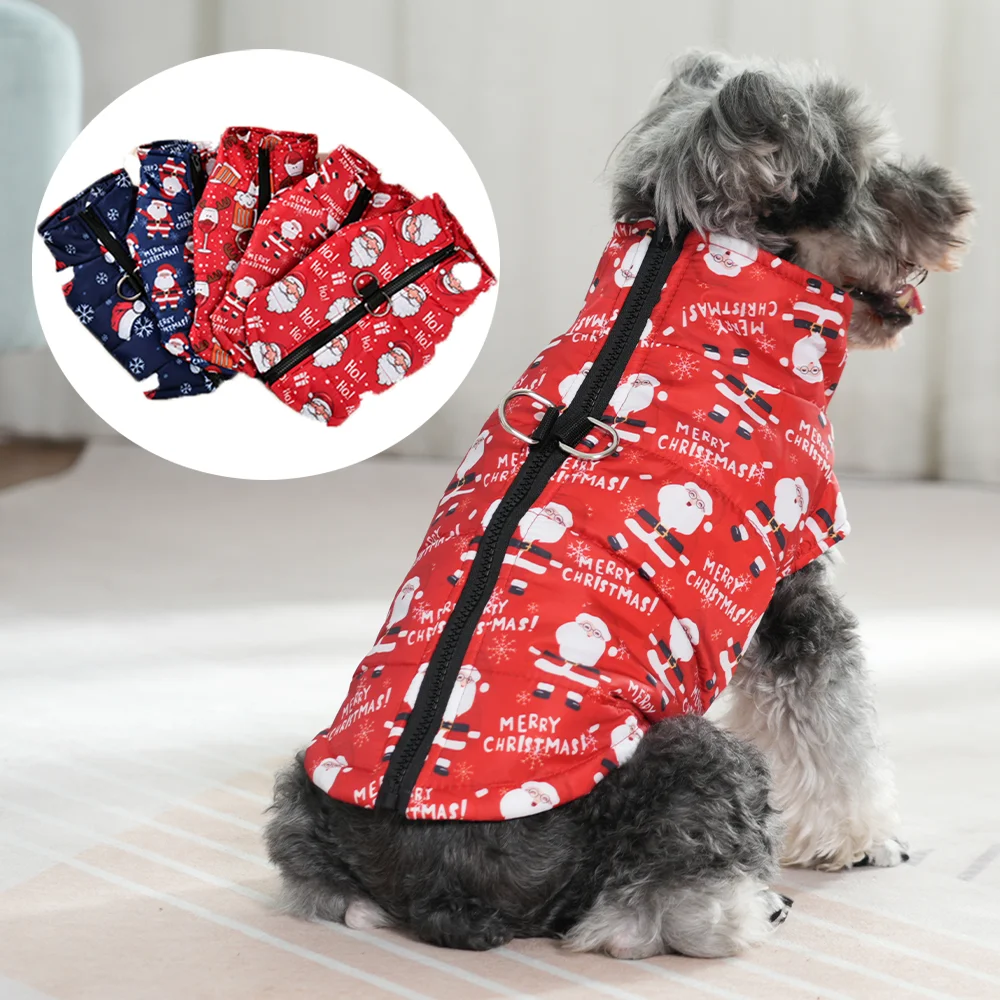 Warme Haustierjacke für den Winter, Weihnachts-Hundemantel mit D-Ring, niedliches Haustierkostüm mit Weihnachtsmann-Aufdruck für kleine und mittelgroße Hunde, Schnauzer