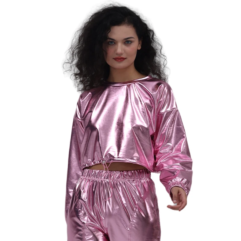 Женские блестящие лазерные укороченные топы с капюшоном и длинными рукавами из металлической искусственной кожи в стиле хип-хоп, костюм для танцев на пилоне, уличная одежда, дискотека, вечеринка для взрослых