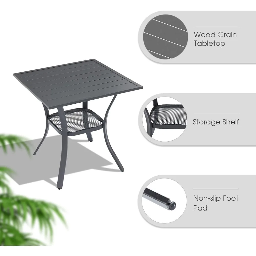 Outdoor Patio Dining Table, 28" Square Metal Slatted with Storage Shelf, Ideal for Front Porch, Deck, Lawn, and Garden without U
