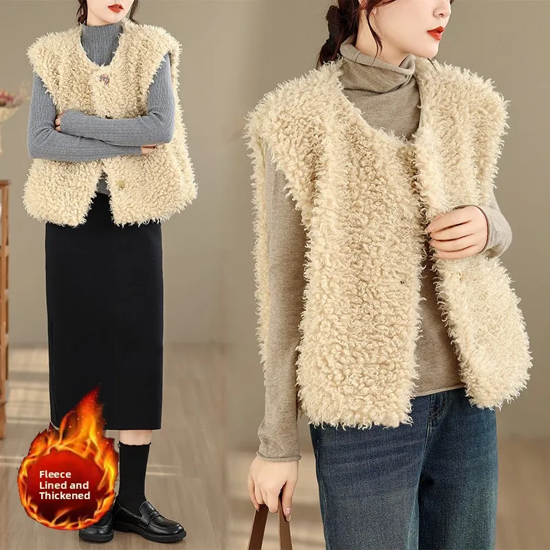 

Lamb Fur Vest Jaet Women's Thiened Warm Faionable Autumn Winter Leather And Fur Inteated Small Fraance Sle