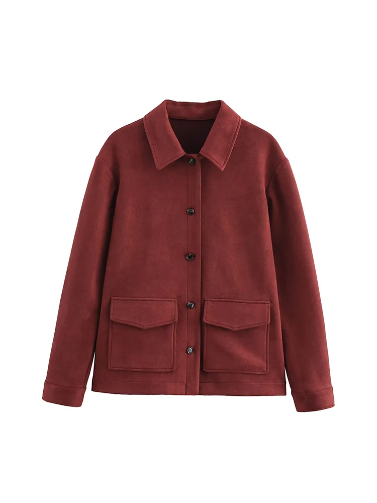

European style new women's fashion versatile temperament solid color lapel suede texture long sleeve jacket