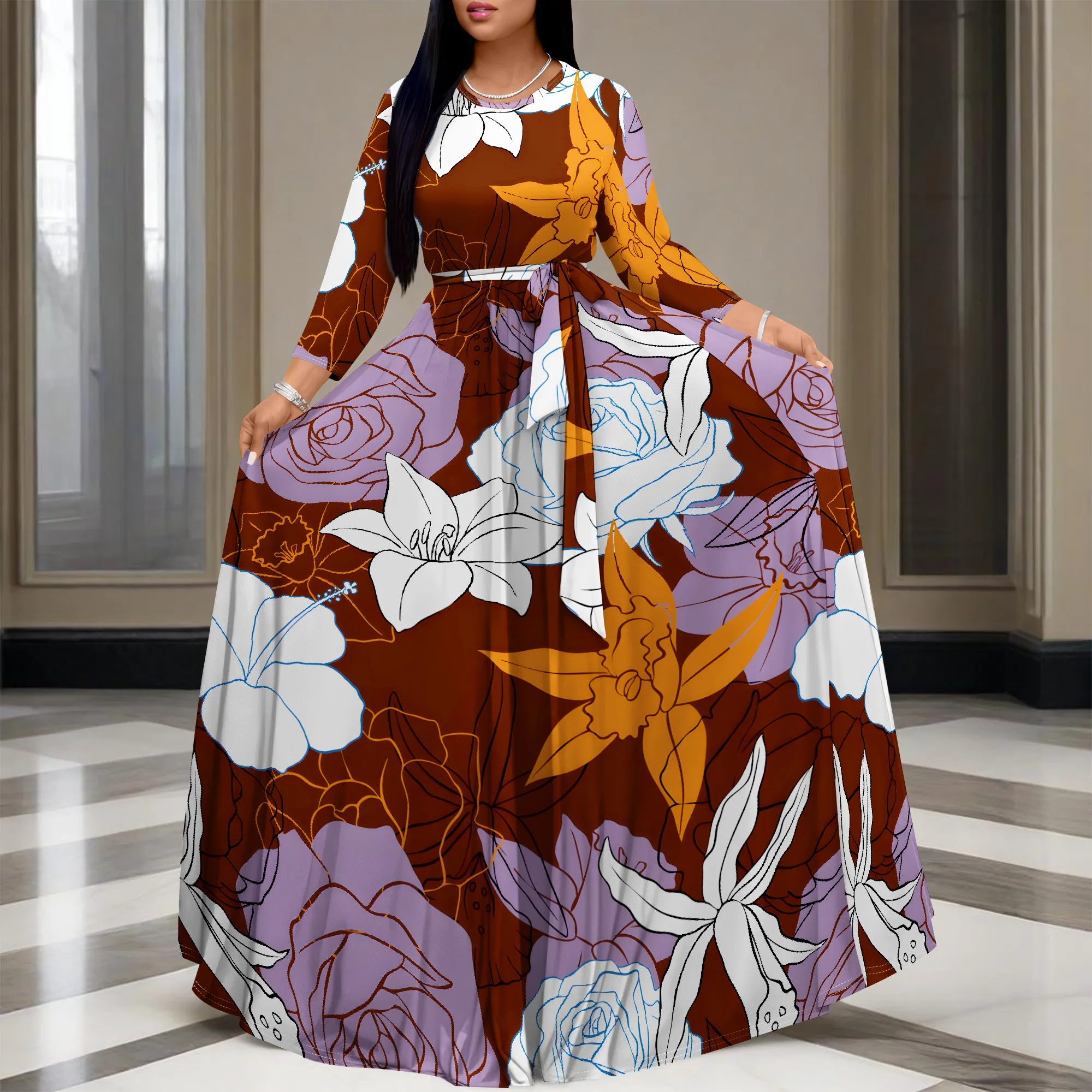 

Women's Summer Autumn 3/4 Sleeve V-neck Long Dress, 3D Printed Princess Skirt With Pockets And Waist Belt