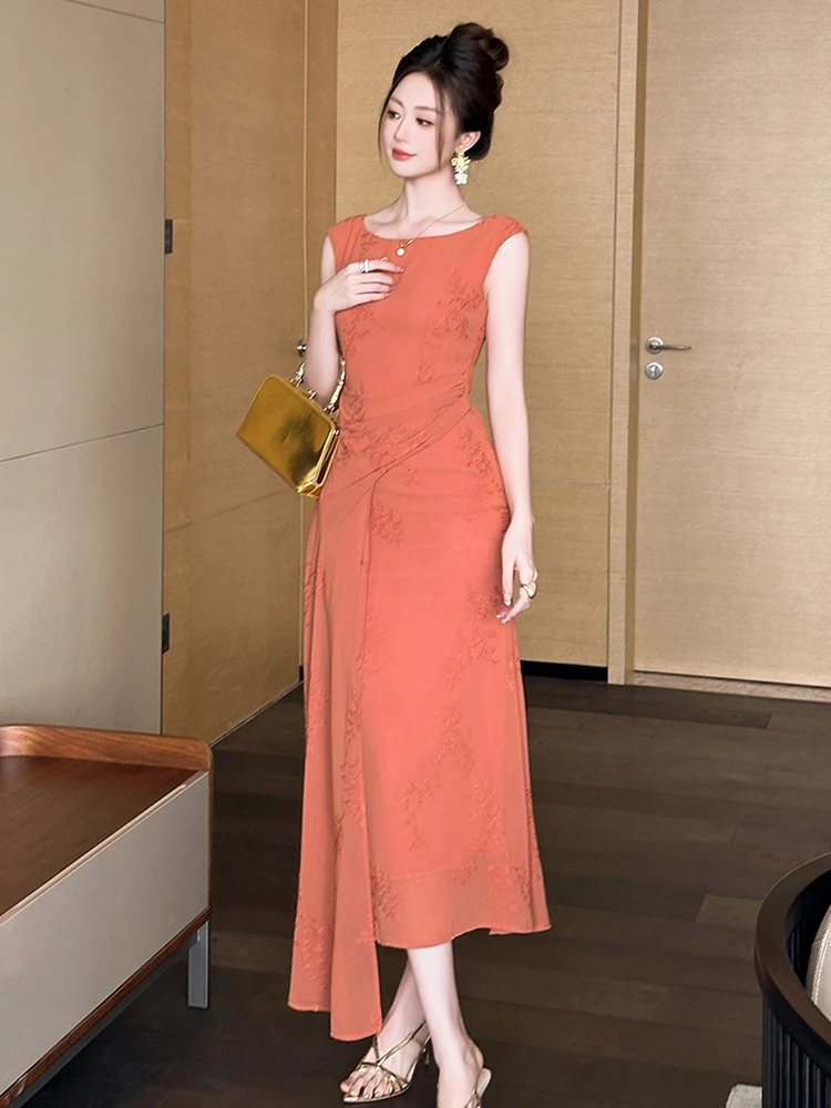 Summer Casual Chiffon Embroidery O-Neck Asymmetrical Long Dress Women Clothes Elegant Orange Sleeveless Slim Robe Party Vestidos
