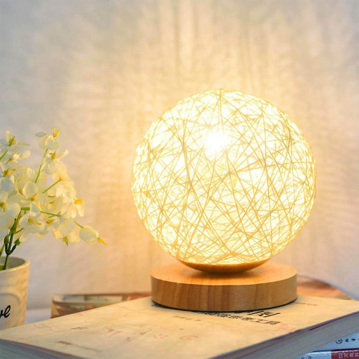 LED Rattan Ball Night Light USB Table Lamp Dimmable Hand-Knit Rattan Ball Lampshade Bedside Lamp Bedroom Decor Moon Night Light