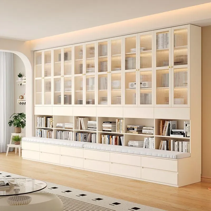 For European Pine Board Bookcase ENF Grade Cream Style Full Wall Living Room Floor Locker with Glass Door Large Storage