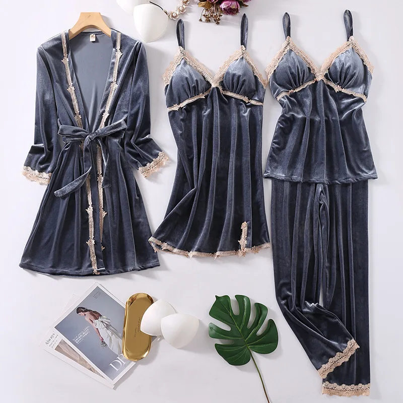 

Thick Velvet 4PCS Pajamas Set Autumn Winter Female Sleepwear Trouser Pijamas Suit Sexy Lace Bathrobe Nightgown Loose Homewear