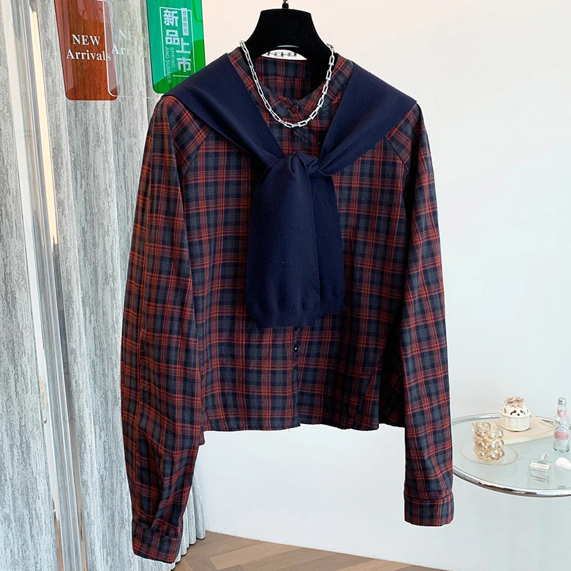 

Модный клетчатый женский цветной блузка irt, весенне-осенний повседневный свободный крой, льняной хлопковый длинный кардиган с воротником-стойкой