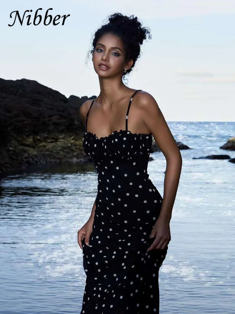 Nibber Summer Trend Slash Neck Dress Women Polka Dots Print Spaghetti Strap Solid Skinny Elegant Clubwear Maxi Bodycon Vestidos