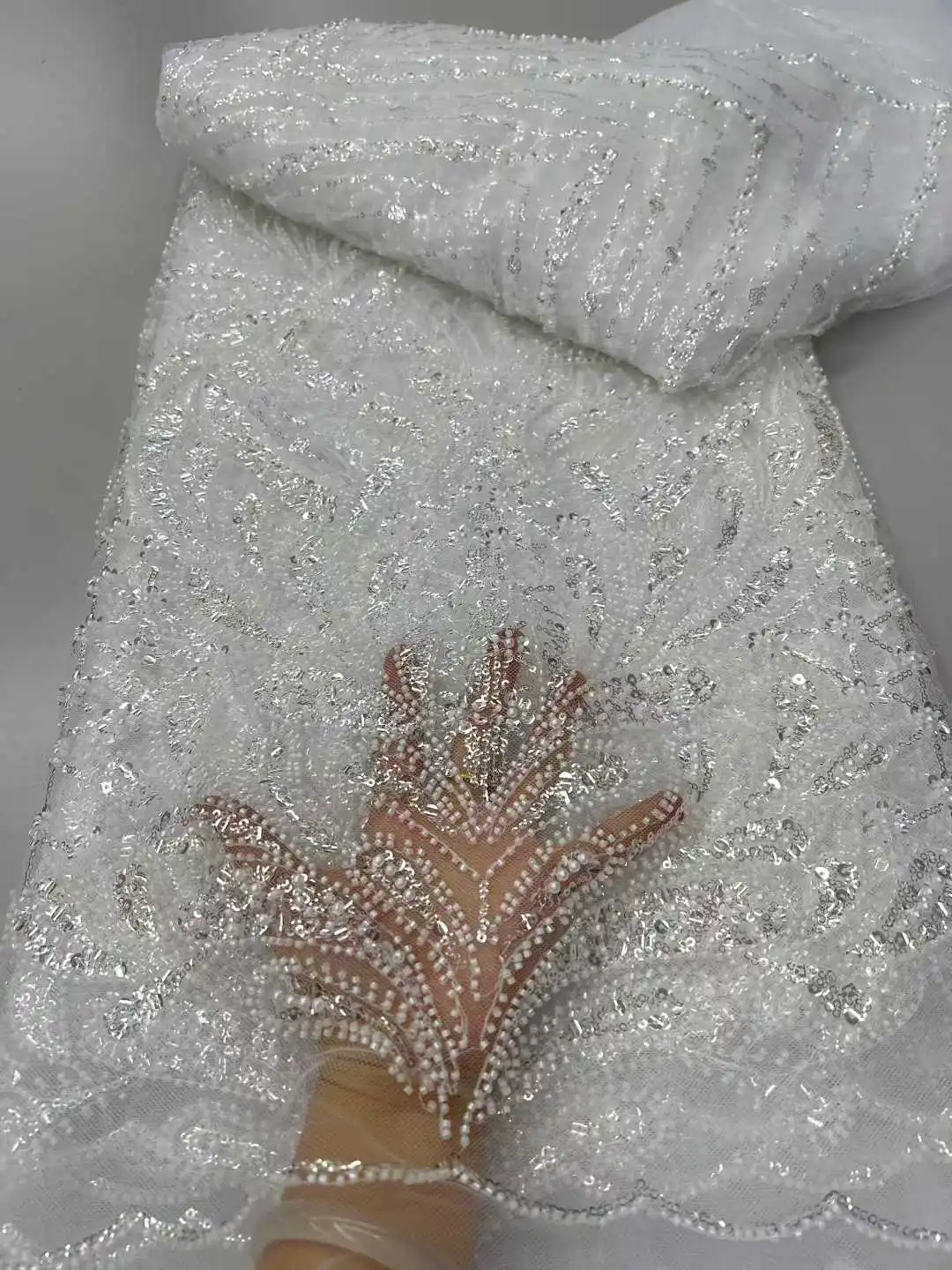 Fashion African Sequins Tulle Embroidered Groom Lace Fabric Beaded High Quality for Nigerian Wedding Dress