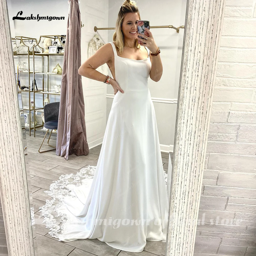 Lakshmigown Vrouwen Boho Strand Trouwjurk Crêpe Satin Hals 2023 Backless Sexy Bruidsjurk Kant Een Lijn Trouwjurk