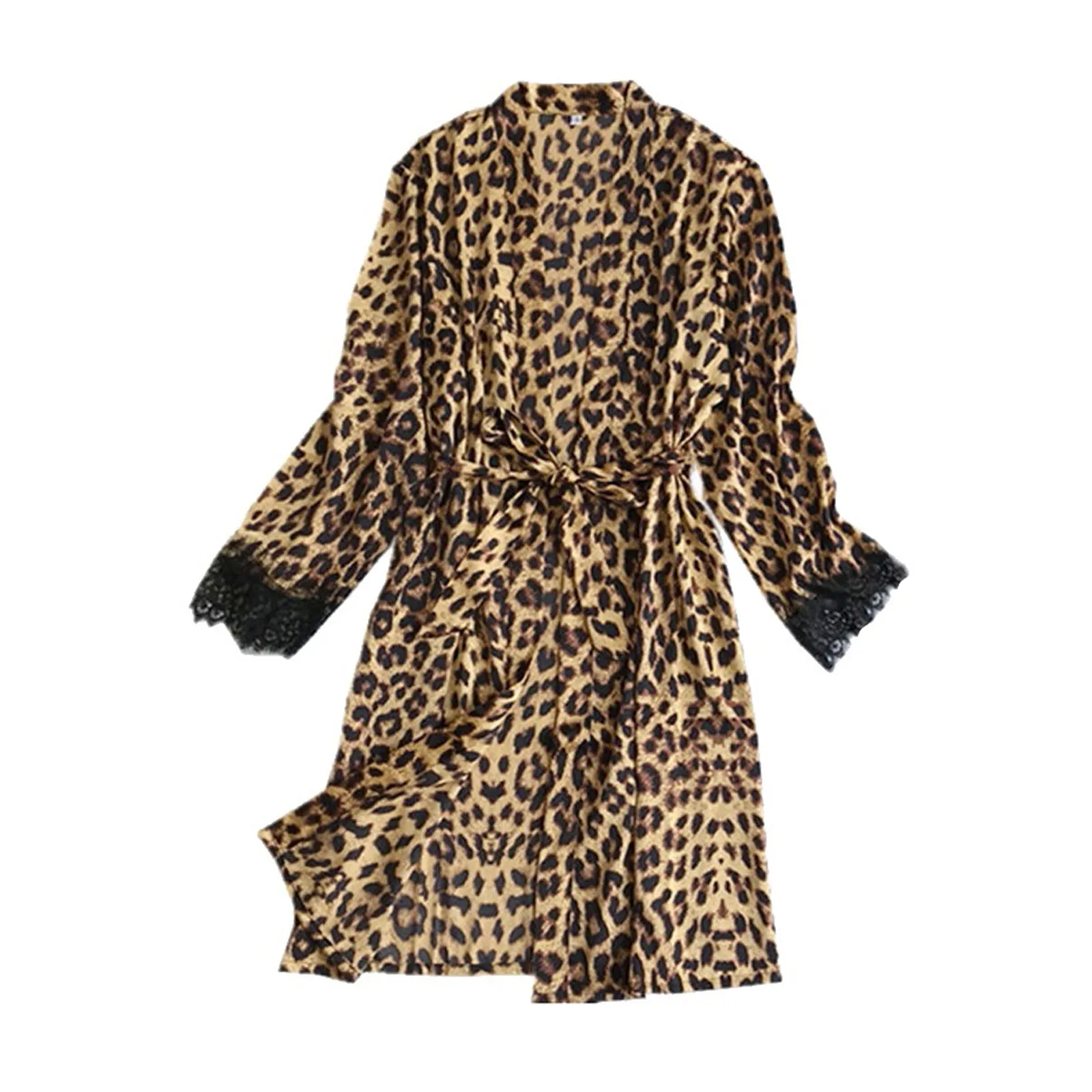 Bata de seda satinada con estampado de leopardo para mujer, ropa de dormir de encaje, Kimono Sexy, vestido de noche, camisón informal