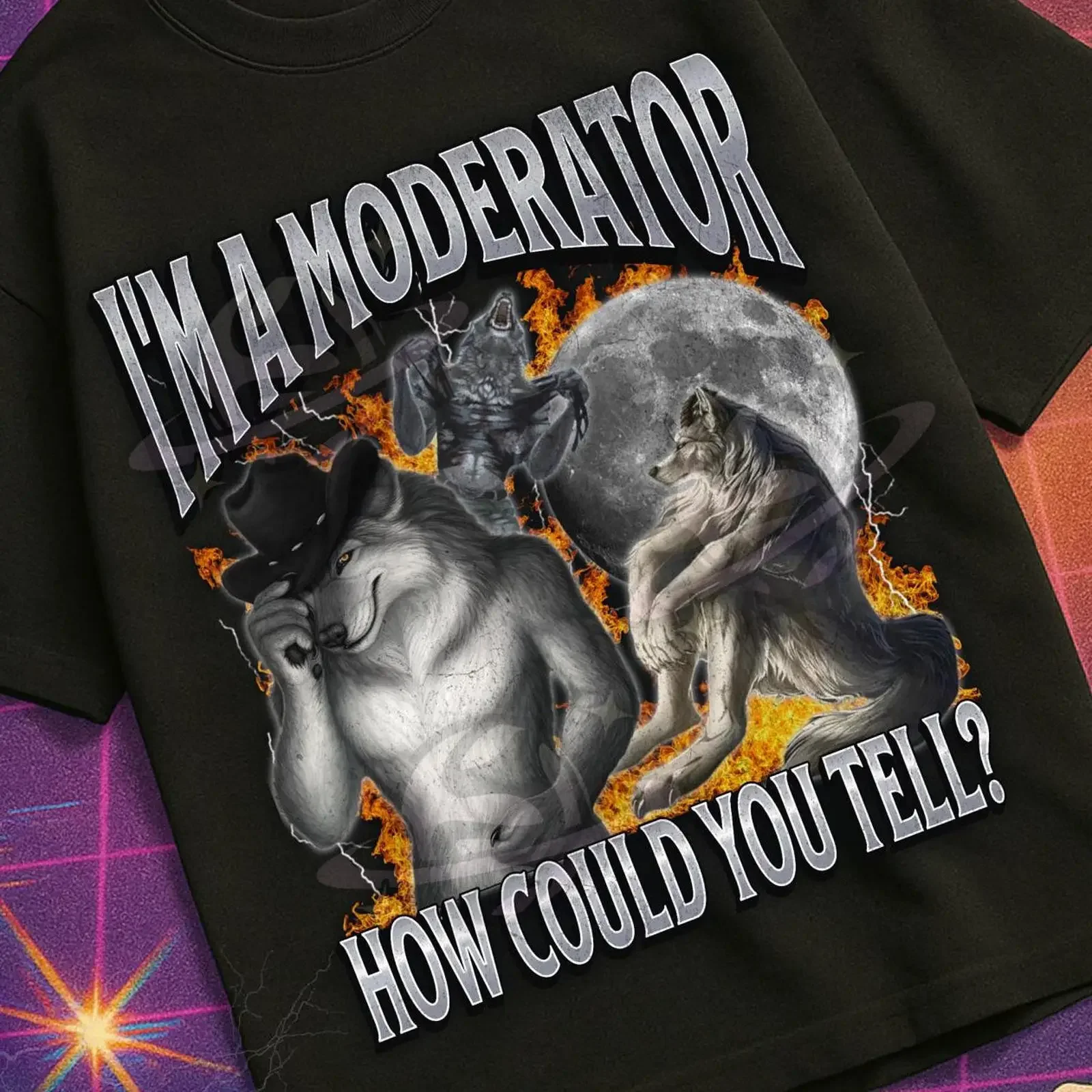 Ich bin ein Moderator, wie kannst du das sagen? Lustiges Werwolf-Meme-Bootleg-T-Shirt, Vintage-Waschung, lässige Unisex-Designerkleidung, atmungsaktiv.