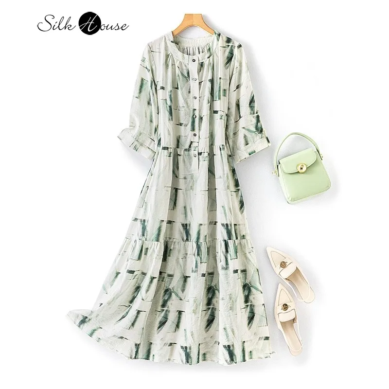 

Women's Casual Clothing 76% Natural Mulberry Silk Dry Silk Mid Sleeved Shirt Style Loose Large Swing Fresh Printed Dress