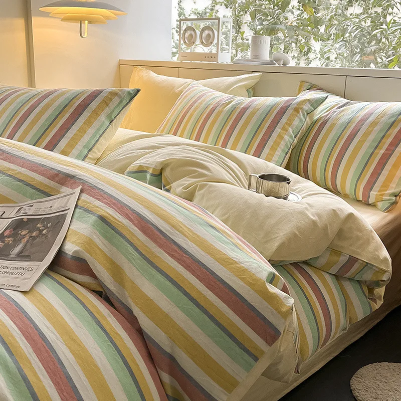 

Striped Gird Pure Cotton Bedding Set Skin-Friendly Non Fading Bed Linens for Home Dorm Single Double Quilt Sets for Four Seasons