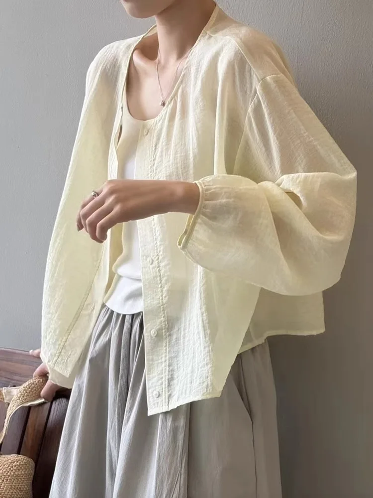 Blu Nuovo Cinese Sle Chic Estate delle Donne irt Sottile Tuta Sportiva Protezione Solare Luce Lungo Sve rotondo Ne Button up Casual Top