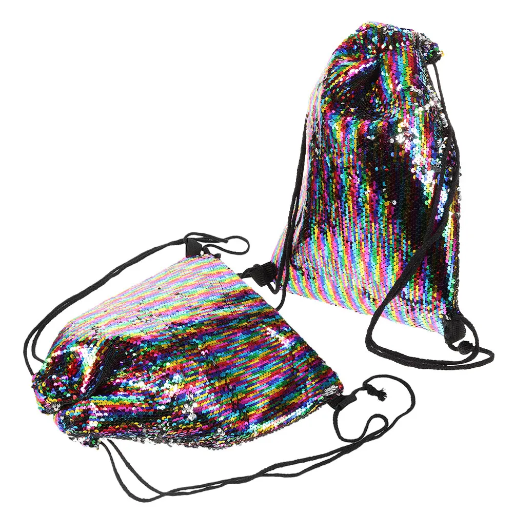 2Pcs Sequin Mermaid Drawstring Backpack Reversible Glitter Bag Gym Outdoor String Bag Women Drawstring for Sports