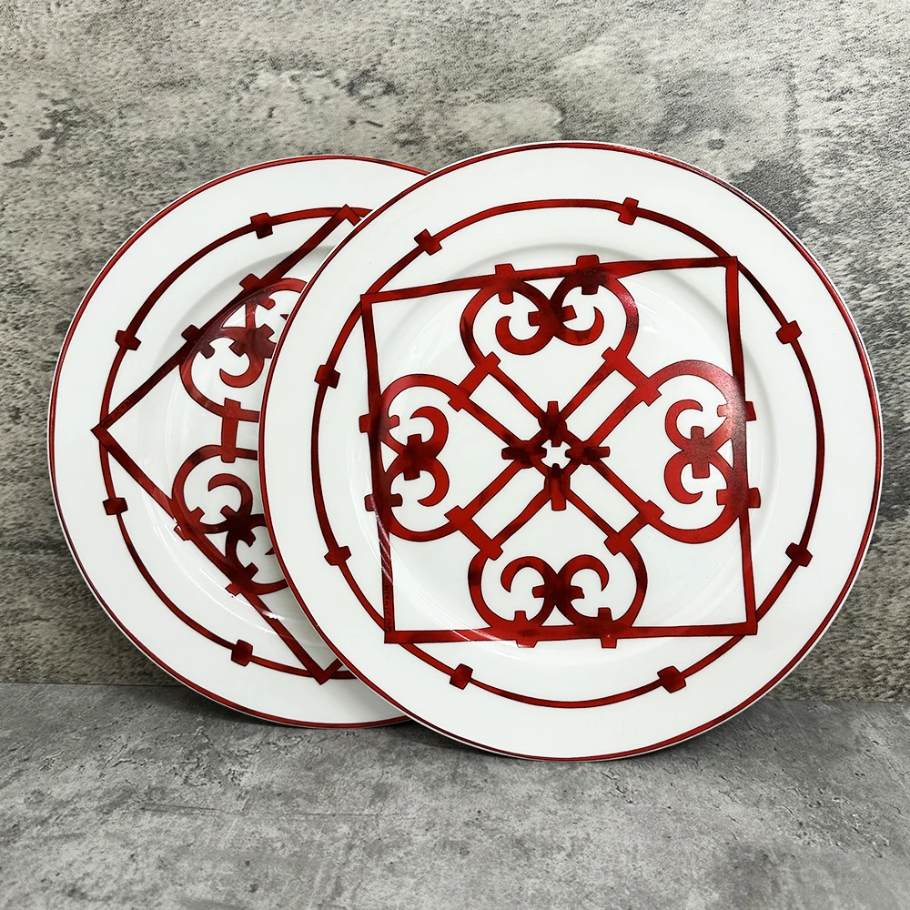 Chinese Red Ceramic Dinner Set  Inlay Porcelain Dessert Plate Steak Snack Cake Dish  Round Dinnerware Household