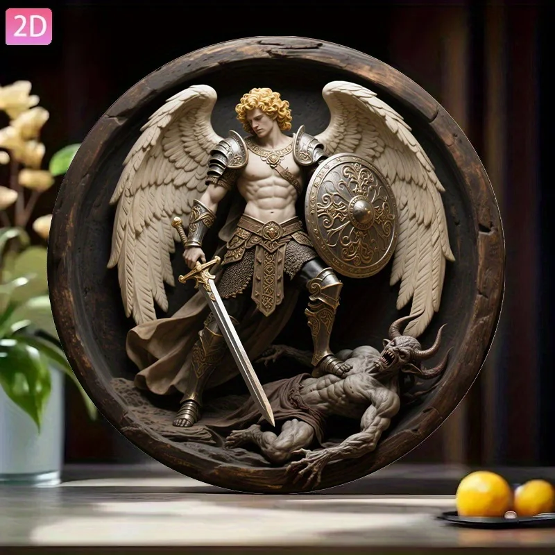 Vintage Round Tin Sign Archangel Michael Fighting Demon 3D Relief Wall Art