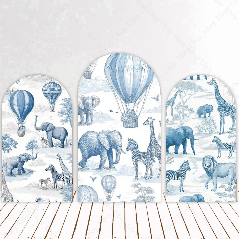 Blue Toile De Jouy Animals Safari Jungle Arch Backdrop Cover for Kids Baby Shower Birthday Party Background Single Side
