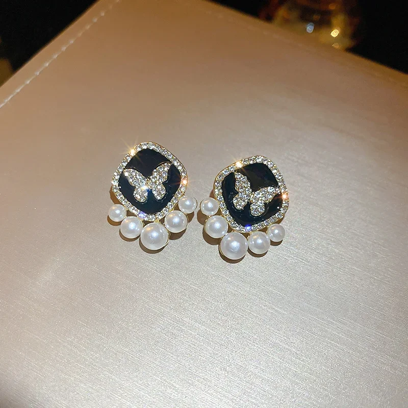 Glaze Black Square Crystal Butterfly Imitation Pearl Stud Earring for Women Temperament Jewelry Christmas Girlfriend Gift image 4