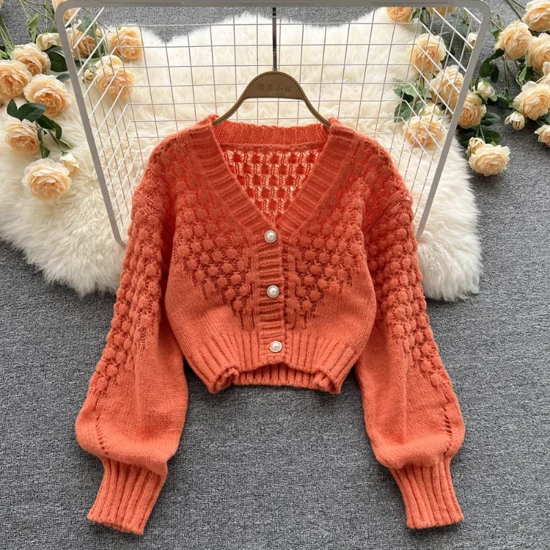 Cropped Cardigan Solid Color V Neck Short Sweater Lazy Wild Hollow Out Sweaters for Women Chic Pearl Button Knitted Coat Shirts