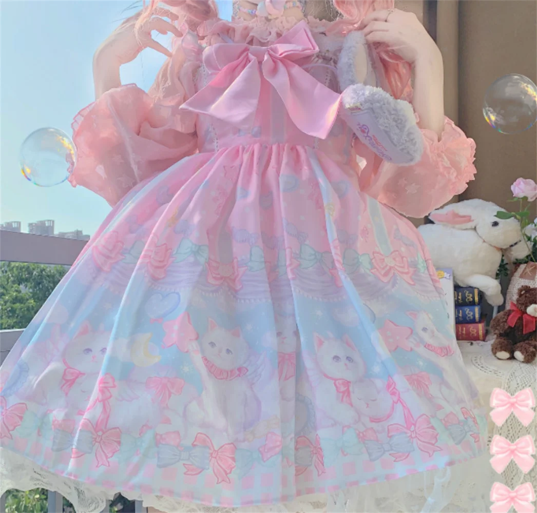 Palace Sweet Princess Lolita Strap Dress Vintage stampa a vita alta abito vittoriano Kawaii Girl Gothic Lolita Cos Loli Jsk Cat