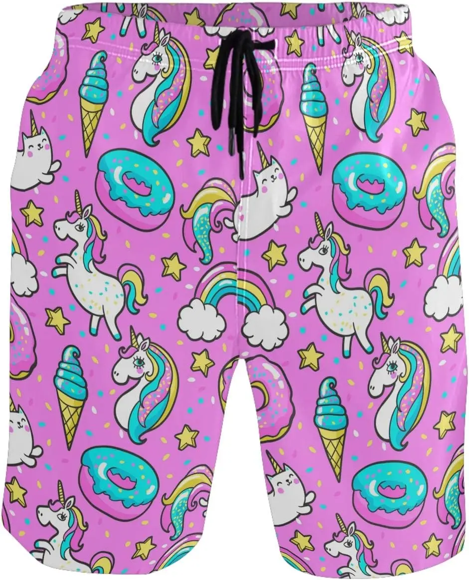 

Doughtnut and Unicorn Men Swim Trunks Swimming Beach Surfing Board Shorts Swimwear Bathing Suits Pockets Shorts