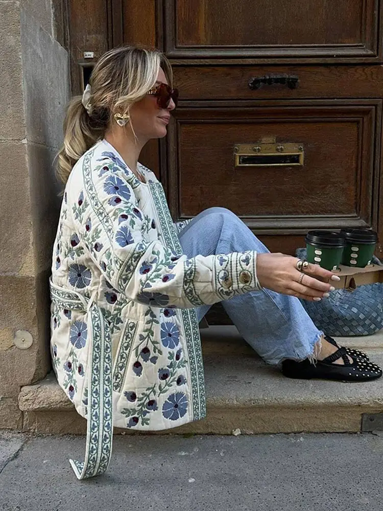 Abrigo de algodón con estampado Floral y cinturón para mujer, chaqueta de manga larga con cuello redondo, botonadura única, ropa de calle cálida e