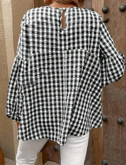 

Осенне-зимняя кукольная рубашка с круглым вырезом и рукавами-фонариками, клетчатый свободный топ для женщин, модный повседневный стиль