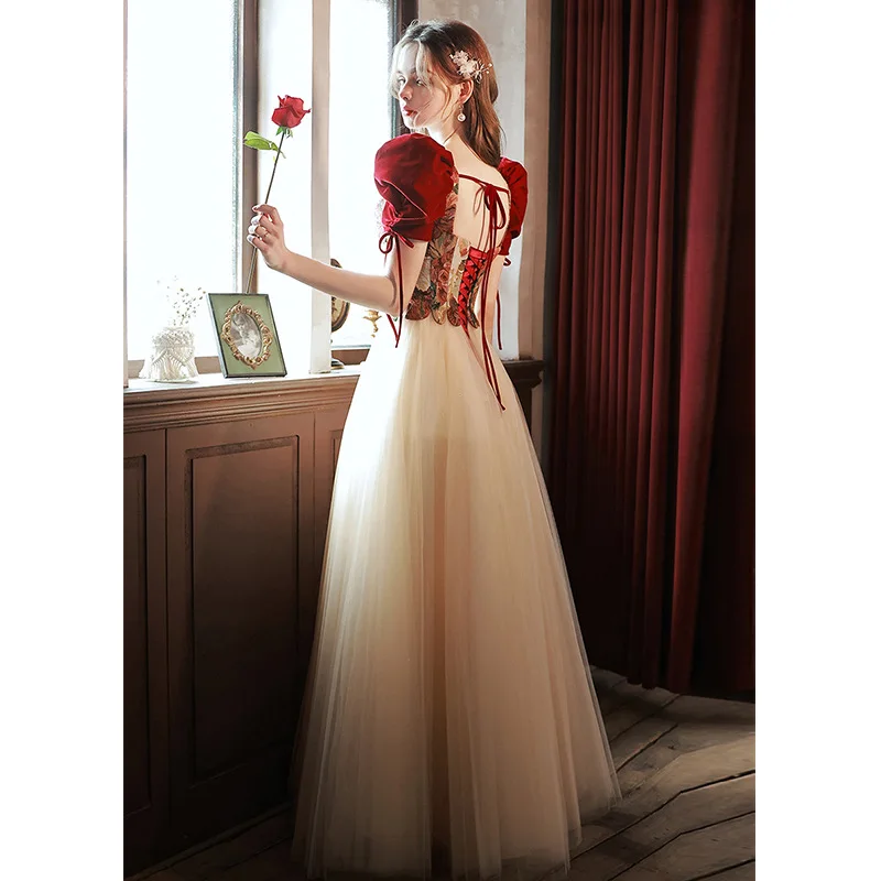 French Retro Evening Dress 2022 New Rose Embroidered Elegant Square Neck Bubble Short Sleeve Formal Banquet Long A-Line Gonws