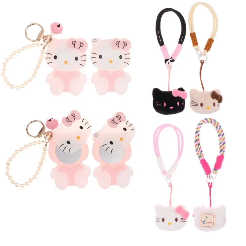 Y2K Cartoon Hello Kitty Phone Strap Cute KT Cat Mirror Phone Chain Wristband Keychain Anti Lost Mobile Phone Lanyard Camera Char