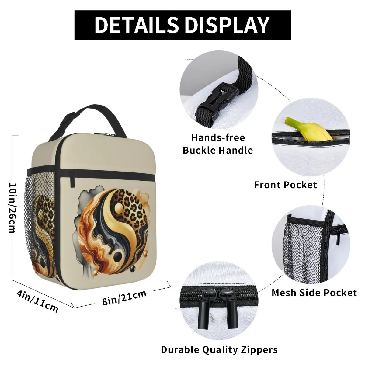 Leopard Yin Yang Luxury Gold Marble Balance Design Insulated Lunch Bag for Women Office Cooler Thermal Food Box Tote Lunch Boxes