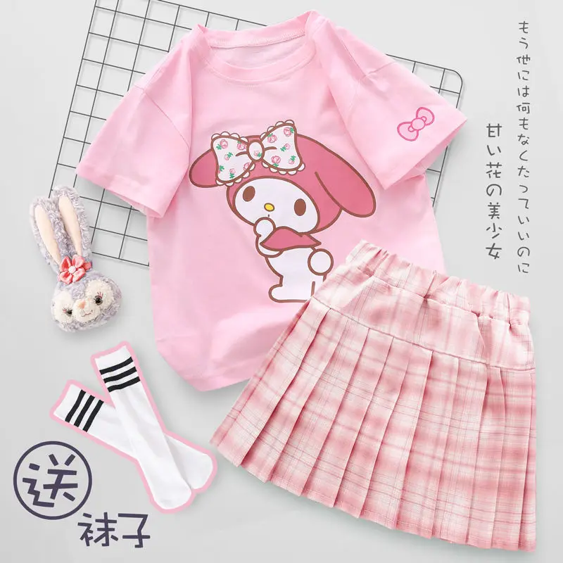 Cute Sanrio My Melody Girls' Dress Summer Cartoon Children's Pleated Skirt Suit Kawaii College Style Mini Skirts Girls Gifts