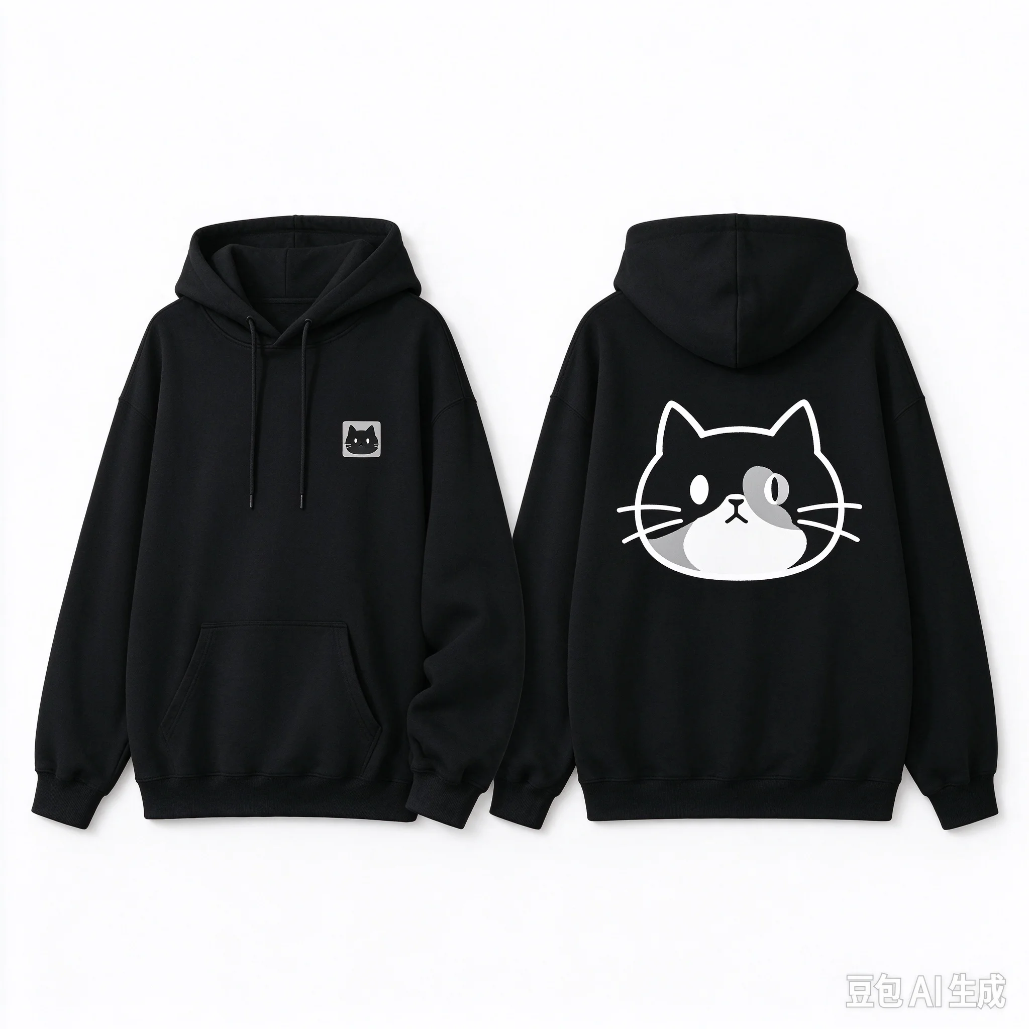 Men's Cute Cat Face Back Print Hoodie, Right Chest Small Logo Graphic Pullover Sweatshirt, Casual Streetwear Hooded Top