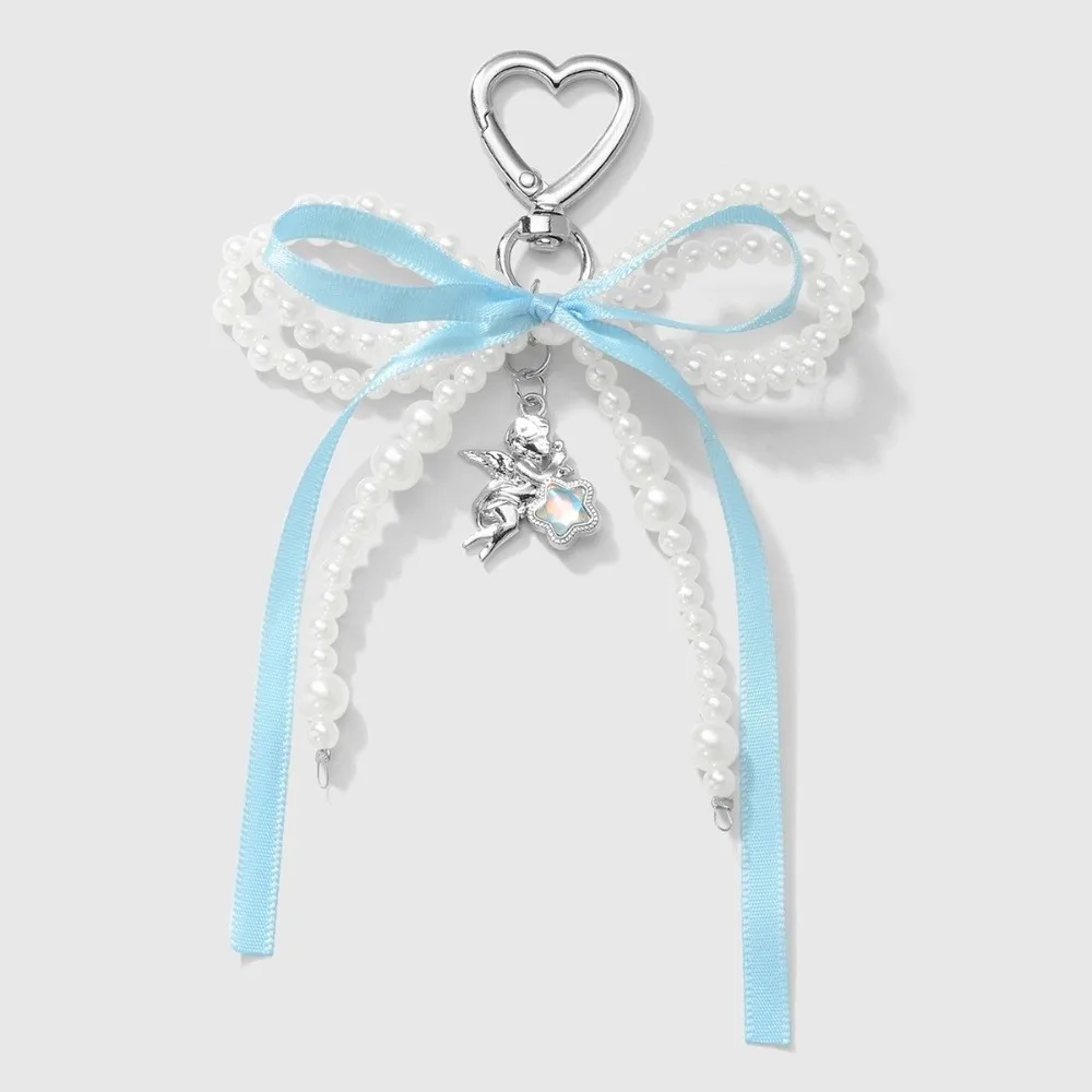 Sweet Y2k Pearl Bow Keychain Gift Ribbon Bow Ribbon Bow Keychain Angel Star Backpack Hanging Decoration Key Ring