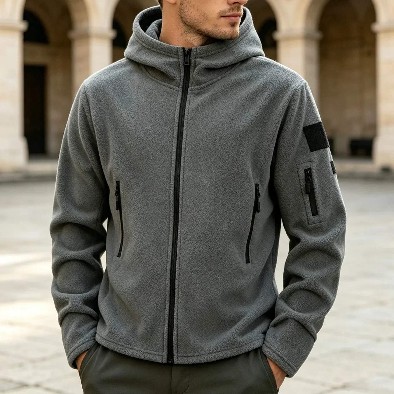 2Pcs In Set Men's Fleece Jacket Hooded Full Zip Up Tactical Outdoor Coat with Zipper Pockets Polar Fleece Warm Winter Hiking Casual Outerwear