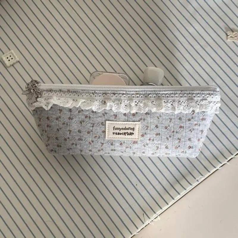 New Multi Function Floral Grey Large Capacity Pencil Pouch Lace Trim School Office Stationery Supplies