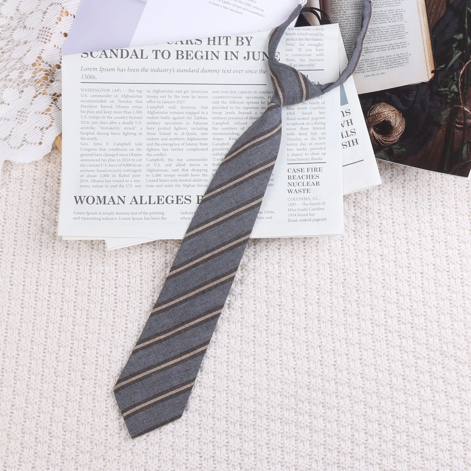 No need to wear retro British style student trendy tie stripes cotton linen gray coffee brown black female accessories in stock