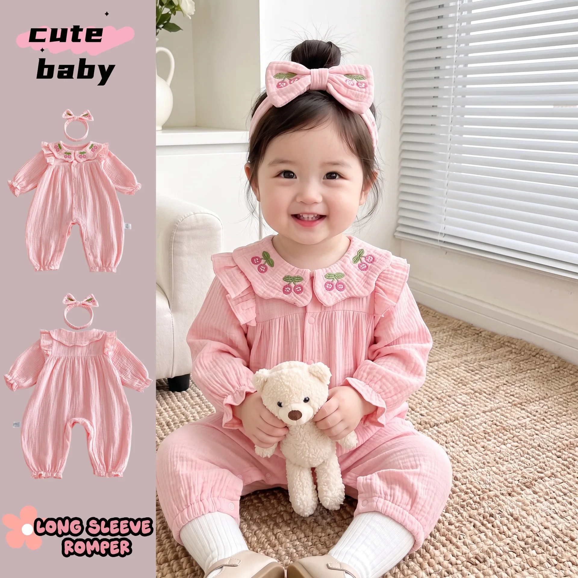 2026 New Autumn Baby Cotton Romper Cherry Embroidery Ruffle Collar Long Sleeve Jumpsuit Matching Bow Headband For Baby Girls