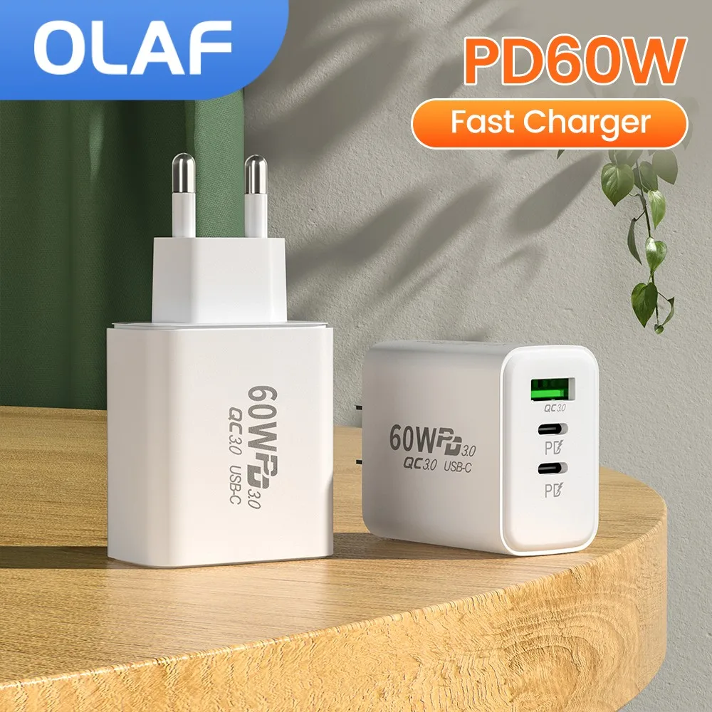 60W Fast USB C Charger 3Ports EU/US Plug Wall Phone Charger Adapter For iPhone Xiaomi Huawei Samsung  USB Type C Phone Charger