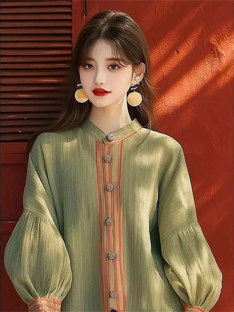 Ele Loose Fit Lantern Sve irt Dames Casual Sle Patchwork Opstaande Kraag Zonbescherming Top Leeftijd Defng Design