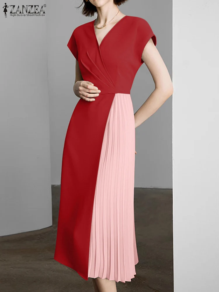 

2024 ZANZEA Elegant Women Pleated Midi Dress Stylish V Neck Short Sleeve Dresses Summer Patchwork Party Vestido OL Work Sundress